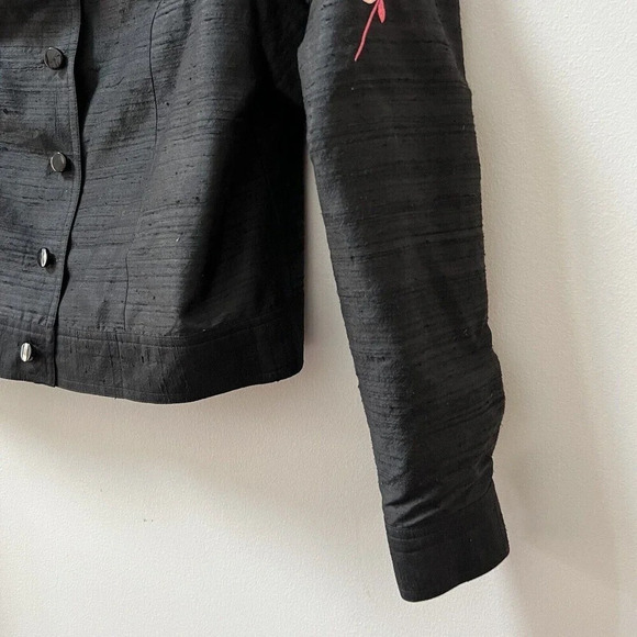 Vtg Y2K Maggy London Black 100% Silk Floral Embroidered Button Jacket Sz 10 Pet - Picture 8 of 11